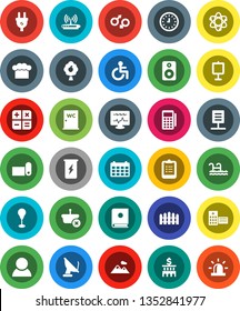 White Solid Icon Set- water closet vector, cook hat, atom, clipboard, presentation, bank building, clock, calendar, punching bag, enegry drink, fitness mat, speaker, disabled, gender sign, hospital