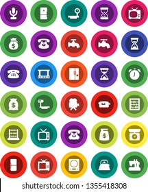 White Solid Icon Set- water tap vector, kettle, alarm clock, abacus, money bag, sand, phone, big scales, film frame, tv, video camera, microphone, classic, fridge, kitchen, sewing machine