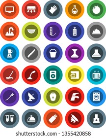 White Solid Icon Set- water tap vector, rake, bucket, car fetlock, washer, rubber glove, colander, knife, rolling pin, dish, fitball, remote control, monitor, speaker, flask, vial, coffee maker, usb