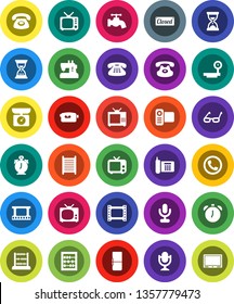 White Solid Icon Set- water tap vector, washboard, glasses, alarm clock, abacus, sand, phone, big scales, film frame, tv, video camera, microphone, classic, fridge, closed, kitchen, sewing machine