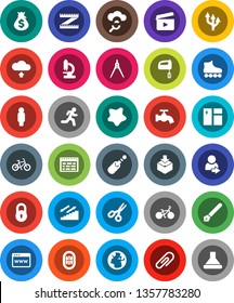 White Solid Icon Set- water tap vector, window cleaning, splotch, pen, drawing compass, schedule, scissors, money bag, man, measuring, bike, roller Skates, stairways run, stadium, earth, package