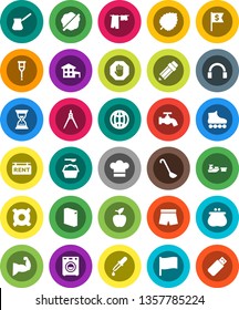 White Solid Icon Set- water tap vector, splotch, drying clothes, washing powder, cook hat, ladle, turk coffee, pencil, drawing compass, apple fruit, flag, leaf, sand clock, dollar, any currency, usb