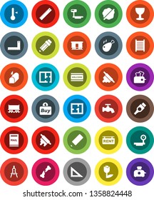 White Solid Icon Set- water tap vector, splotch, welcome mat, washboard, rolling pin, thermometer, chicken leg, pencil, corner ruler, drawing compass, Railway carriage, glass, tulip, big scales, buy