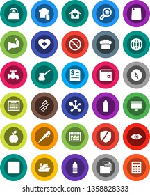 White Solid Icon Set- water tap vector, kettle, cook hat, cutting board, turk coffee, apple fruit, pen, schedule, compass, molecule, wallet, annual report, presentation, muscule hand, bottle, ship