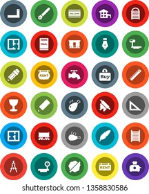 White Solid Icon Set- water tap vector, splotch, welcome mat, washboard, rolling pin, chicken leg, pen, pencil, corner ruler, drawing compass, Railway carriage, glass, big scales, cottage, mailbox