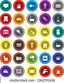 White Solid Icon Set- water tap vector, mop, iron, bath, toilet, sink, double boiler, dry cargo, tv, key, garage, sold signboard, fridge, siren, mixer, oven, monitor, vacuum cleaner, fan, phone