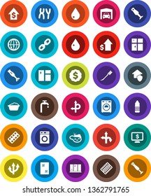 White Solid Icon Set- water drop vector, car fetlock, window cleaning, washer, foam basin, shining, blender, dollar growth, medal, monitor, bottle, route, internet, pills blister, chromosomes, chain