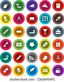White Solid Icon Set- water tap vector, splotch, welcome mat, washboard, chicken leg, pen, pencil, corner ruler, drawing compass, Railway carriage, glass, tulip, big scales, hdmi, broken bone, plan