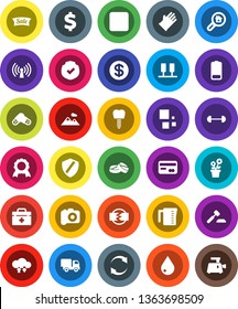 White Solid Icon Set- water drop vector, rubber glove, measuring cup, medal, auction, dollar sign, barbell, protected, camera, battery, forward button, doctor bag, pills, tooth implant, server, coin