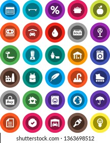 White Solid Icon Set- water drop vector, washer, tap, pan, pen, backpack, apple fruit, document, calendar, roller Skates, skateboard, earth, money, port, umbrella, warehouse, protected, big scales
