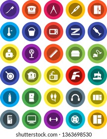 White Solid Icon Set- water tap vector, vacuum cleaner, bucket, sponge, car fetlock, sink, pan, toaster, blender, thermometer, ruler, drawing compass, barbell, measuring, punching bag, film spool
