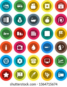 White Solid Icon Set- water drop vector, steaming, bath, pan, toaster, oil, apple fruit, school bus, graph, money bag, dollar flag, any currency, attention, port, sorting, internet, monitor, doctor