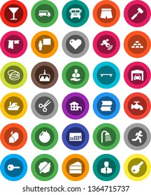 White Solid Icon Set- water tap vector, splotch, drying clothes, shower, meat hammer, cake, blackboard, school bus, gold ingot, fitball, shorts, skateboard, hoop, run, client, ship, calendar, glass