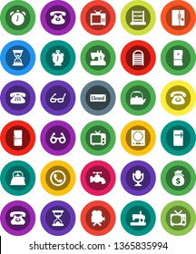 White Solid Icon Set- water tap vector, washboard, kettle, glasses, alarm clock, abacus, money bag, sand, phone, tv, video camera, microphone, classic, fridge, closed, kitchen scales, sewing machine