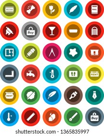 White Solid Icon Set- water tap vector, splotch, welcome mat, washboard, rolling pin, thermometer, pen, pencil, corner ruler, drawing compass, glass, tulip, Railway carriage, hdmi, broken bone, plan