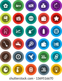 White Solid Icon Set- water tap vector, sprayer, ladle, turk coffee, mixer, compass, molecule, graph, wallet, cash, stopwatch, jump rope, bottle, pool, stadium, money, port, internet, link, crutches