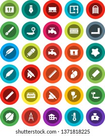 White Solid Icon Set- water tap vector, splotch, welcome mat, washboard, rolling pin, thermometer, pen, pencil, corner ruler, drawing compass, Railway carriage, tulip, big scales, cottage, plan