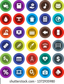 White Solid Icon Set- water drop vector, house hold, tap, pasta, copybook, drawing compass, calculator, music, dollar cursor, sign, calendar, heart monitor, first aid kit, oxygen, earth, shelving