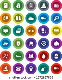 White Solid Icon Set- water drop vector, closet, camping cauldron, cook timer, turk coffee, spices, microscope, japanese candle, money bag, presentation board, jump rope, breads, phone, 24, port