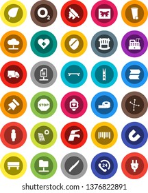 White Solid Icon Set- water tap vector, clothespin, trash bin, knife, rolling pin, paper, magnet, leaf, constellation, man, measuring, skateboard, heart monitor, oxygen, phone 24, delivery, barcode