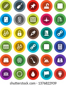 White Solid Icon Set- water drop vector, window cleaning, shower, tap, ladle, calculator, schedule, flag, shorts, target, hoop, gymnast rings, weight, link, thumbtack, forward button, backward, hdmi