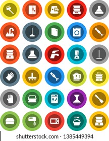 White Solid Icon Set- water tap vector, vacuum cleaner, mop, sponge, car fetlock, washing powder, rubber glove, spatula, double boiler, blender, fridge, washer, dishwasher, mixer, coffee maker, hood