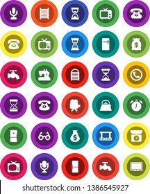 White Solid Icon Set- water tap vector, washboard, kettle, glasses, alarm clock, money bag, sand, phone, film frame, tv, video camera, microphone, classic, fridge, kitchen scales, sewing machine