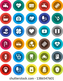 White Solid Icon Set- water tap vector, house hold, heart pulse, pills, monitor, first aid kit, no trolley, vial, patch, stethoscope, bottle, blister, hospital building, amkbulance car, tomography