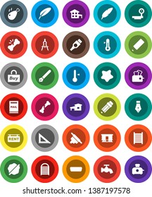 White Solid Icon Set- water tap vector, splotch, washboard, rolling pin, thermometer, chicken leg, pen, pencil, corner ruler, drawing compass, big scales, Railway carriage, hdmi, broken bone, buy