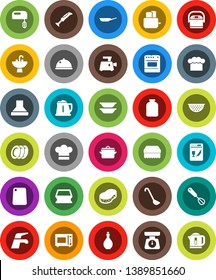 White Solid Icon Set- water tap vector, sponge, sink, pan, kettle, oil, colander, scales, cook hat, whisk, ladle, cutting board, toaster, microwave oven, plates, dish, jar, dishwasher, mixer, hood