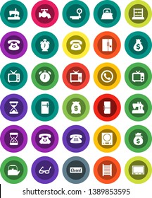 White Solid Icon Set- water tap vector, washboard, kettle, glasses, alarm clock, abacus, money bag, phone, big scales, tv, classic, sand, fridge, closed, kitchen, sewing machine