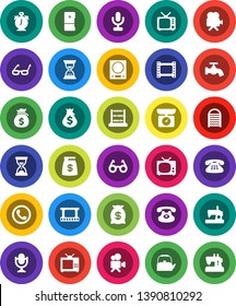 White Solid Icon Set- water tap vector, washboard, kettle, glasses, alarm clock, abacus, money bag, sand, film frame, tv, video camera, microphone, classic phone, fridge, kitchen scales