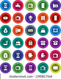 White Solid Icon Set- water tap vector, washboard, kettle, money bag, sand clock, phone, big scales, film frame, tv, video camera, microphone, classic, fridge, closed, sewing machine