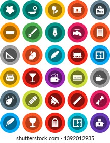 White Solid Icon Set- water tap vector, splotch, welcome mat, washboard, rolling pin, chicken leg, pen, pencil, corner ruler, Railway carriage, glass, tulip, big scales, hdmi, broken bone, plan, buy
