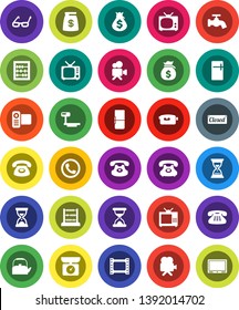 White Solid Icon Set- water tap vector, kettle, glasses, abacus, money bag, sand clock, phone, big scales, film frame, tv, video camera, classic, fridge, closed, kitchen