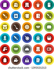 White Solid Icon Set- water tap vector, sponge, pan, kettle, colander, measuring cup, apron, cook press, skimmer, ladle, cutting board, double boiler, spices, blender, sieve, dish, jar, fridge