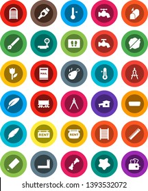 White Solid Icon Set- water tap vector, splotch, welcome mat, washboard, thermometer, chicken leg, pen, pencil, corner ruler, drawing compass, Railway carriage, tulip, big scales, hdmi, broken bone