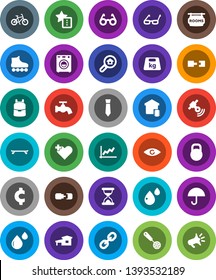 White Solid Icon Set- water tap vector, skimmer, glasses, backpack, graph, tie, cent sign, bike, roller Skates, skateboard, umbrella, weight, satellitie, link, heart cross, eye, sand clock, cottage
