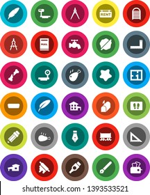 White Solid Icon Set- water tap vector, splotch, welcome mat, washboard, rolling pin, chicken leg, pen, pencil, corner ruler, drawing compass, Railway carriage, big scales, hdmi, broken bone, plan
