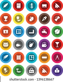 White Solid Icon Set- water tap vector, splotch, washboard, rolling pin, thermometer, chicken leg, pen, corner ruler, drawing compass, Railway carriage, glass, tulip, big scales, hdmi, broken bone