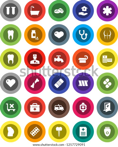 White Solid Icon Set- water tap vector, house hold,\
pills vial, buttocks, heart monitor, no trolley, doctor bag,\
ambulance star, broken bone, patch, stethoscope, blister,\
anamnesis, amkbulance\
car