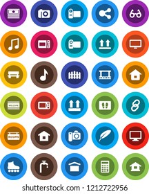 White Solid Icon Set- welcome mat vector, pen, glasses, music, cash, calculator, roller Skates, dry cargo, top sign, film frame, monitor, link, share, bench, water supply, fence, rooms signboard