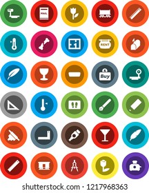 White Solid Icon Set- welcome mat vector, rolling pin, thermometer, pen, pencil, corner ruler, drawing compass, Railway carriage, glass, tulip, big scales, hdmi, broken bone, mailbox, plan, buy