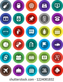 White Solid Icon Set- welcome mat vector, shower, backpack, flag, pie graph, target, dollar calendar, monitor, jump rope, skateboard, cereals, pool, plane, weight, classic phone, link, speaker, jack