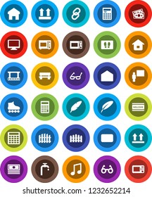White Solid Icon Set- welcome mat vector, microwave oven, pen, blackboard, glasses, calculator, music, cash, roller Skates, money, top sign, film frame, monitor, link, mail, home, bench, fence