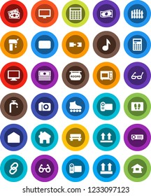 White Solid Icon Set- welcome mat vector, microwave oven, glasses, calculator, music, cash, roller Skates, money, top sign, monitor, link, mail, home, bench, connection, water supply, fence, camera