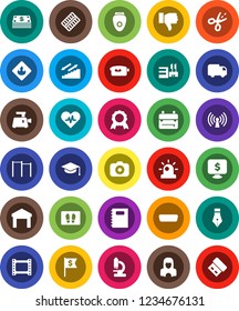 White Solid Icon Set- welcome mat vector, cleaner woman, copybook, graduate hat, pen, backpack, medal, dollar flag, monitor, horizontal bar, stairways run, warehouse, flammable, film frame, camera