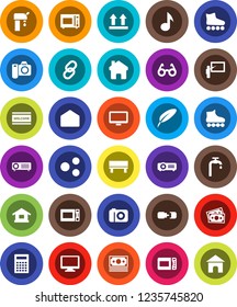 White Solid Icon Set- welcome mat vector, microwave oven, pen, blackboard, glasses, calculator, music, roller Skates, money, top sign, monitor, link, mail, share, home, bench, connection, camera