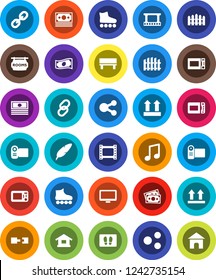 White Solid Icon Set- welcome mat vector, microwave oven, pen, music, cash, roller Skates, money, top sign, film frame, monitor, link, share, bench, connection, fence, rooms signboard, video camera