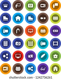 White Solid Icon Set- welcome mat vector, microwave oven, pen, blackboard, glasses, calculator, cash, roller Skates, dry cargo, film frame, monitor, share, home, connection, water supply, camera